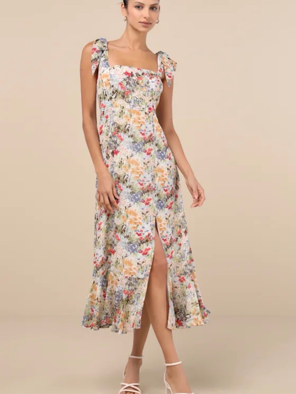 Lulu's Multi Floral Tie-Shoulder Midi Dress